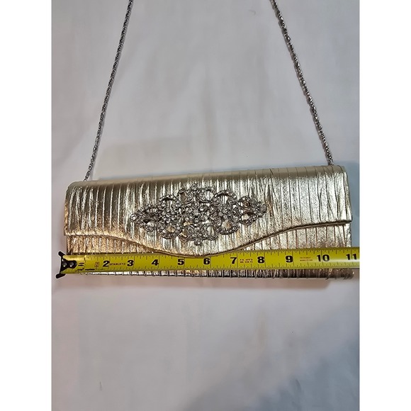 Raj Gold Metallic Pleated Clutch Evening Bag Rhinestone Embellished Chain Strap - Picture 7 of 9